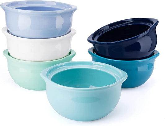 147.003 Large Porcelain French Onion Soup Crocks Bowls for Soup, Stew, Chill, 17 Ounce, Set of 6, Blue Series