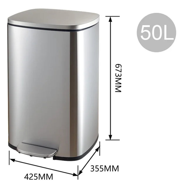 30L/50L Trash Bin,Stainless Steel Garbage Bin with Pedal,Trash Can with Flat Lid for Bedroom Storage Bins,Kitchen Trash Can