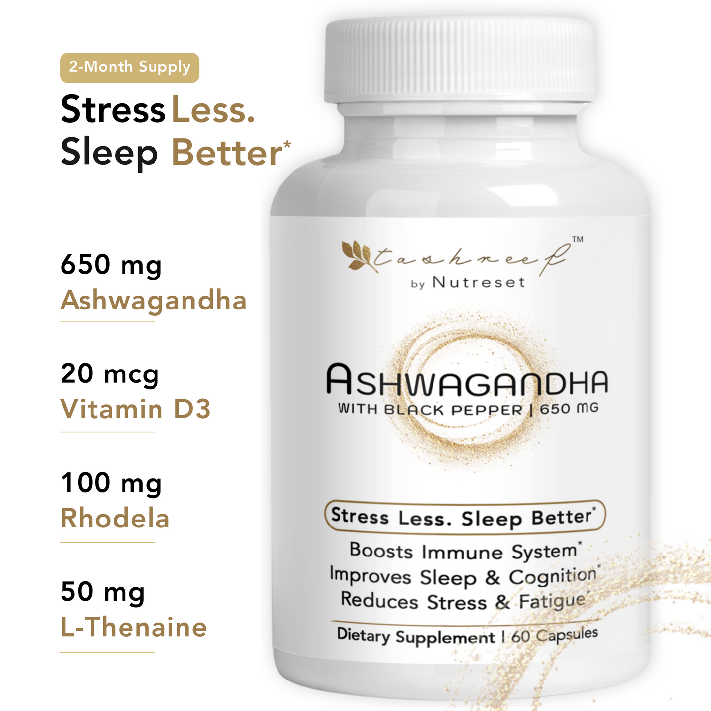 Tashreef Ashwagandha Supplement Capsules 650 mg for Stress & Sleep Support, Adults 60 Ct