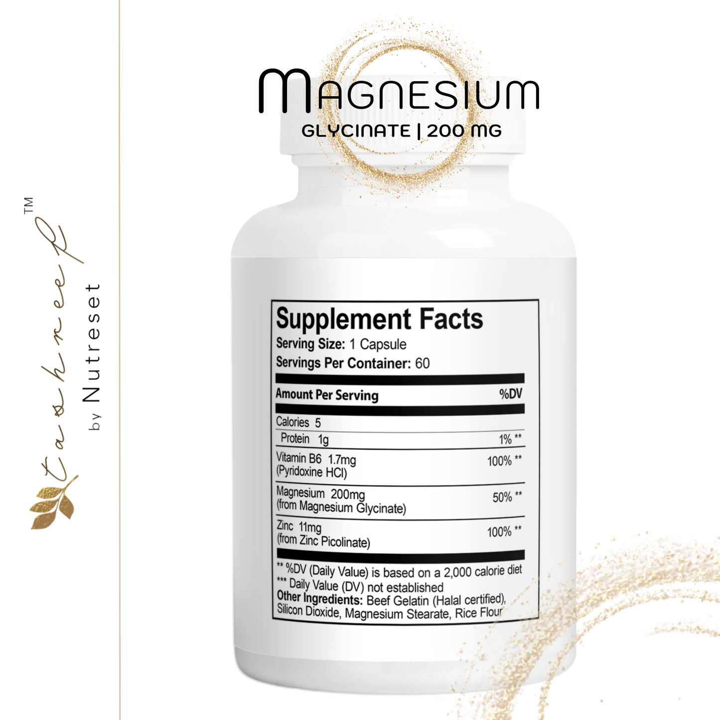 Tashreef Magnesium Glycinate 200mg – Bone, Heart & Muscle Support, 60 Ct