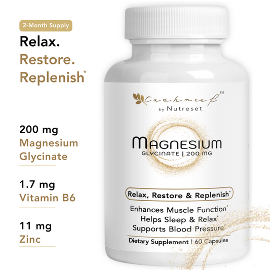 Tashreef Magnesium Glycinate 200mg – Bone, Heart & Muscle Support, 60 Ct