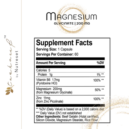 Tashreef Magnesium Glycinate 200 mg Chelated Mineral Supplement, 60 Capsules